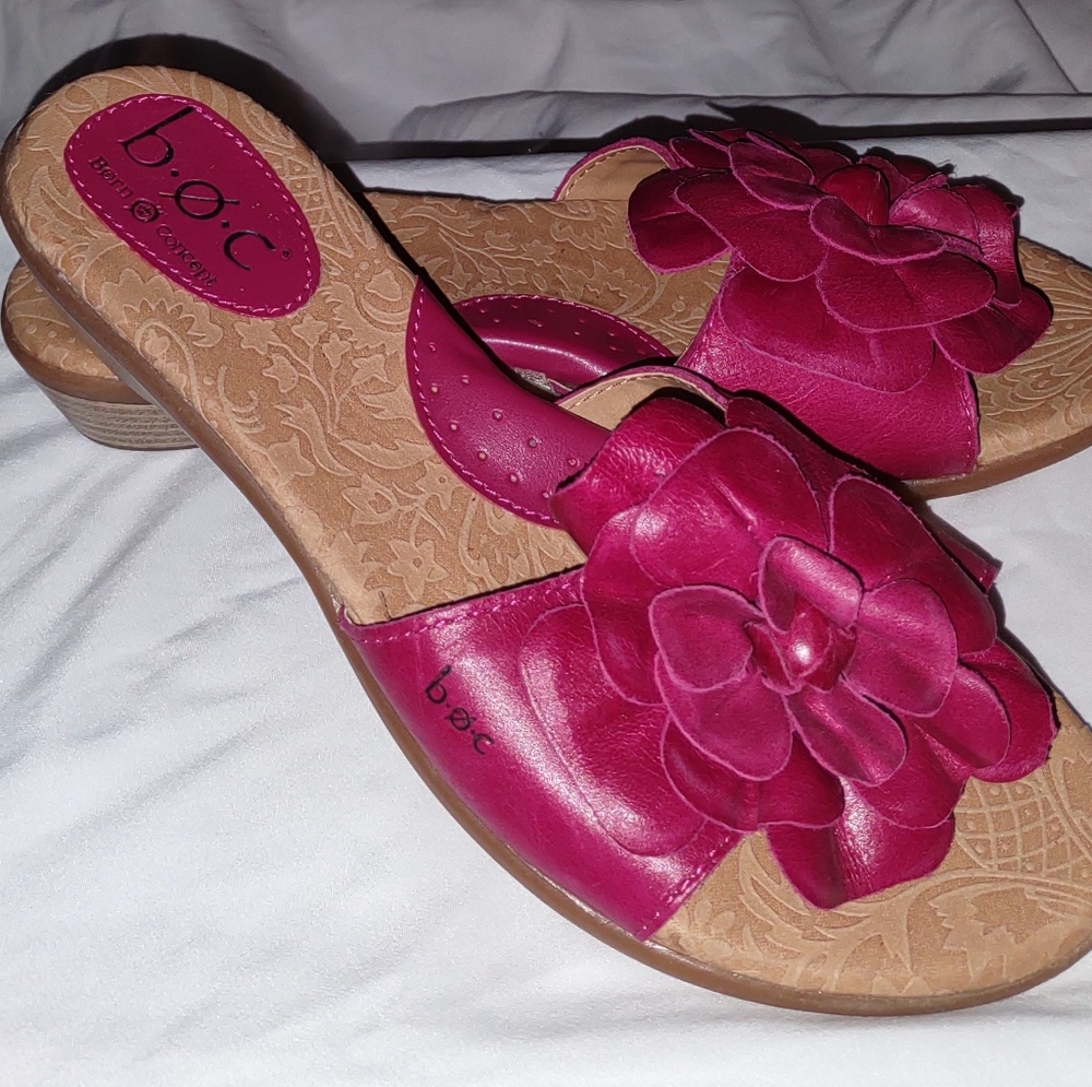 B.O.C. Shoes Born Pink Flower Leather Wedge Slide Sandals
